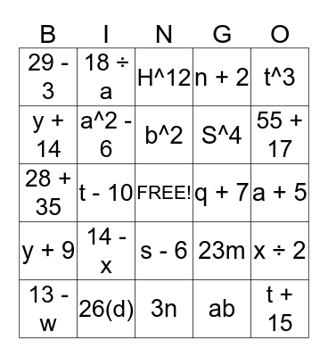 Algebra Bingo Card