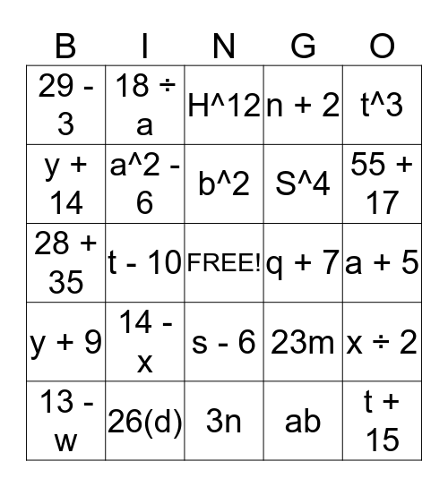 Algebra Bingo Card