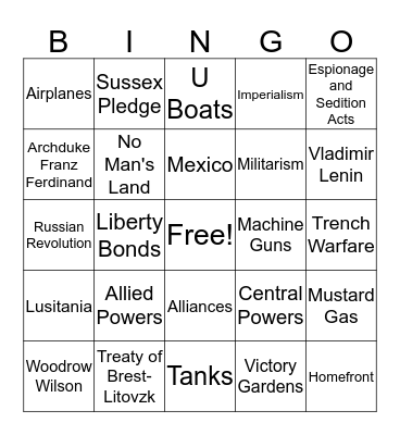WWI Bingo Card