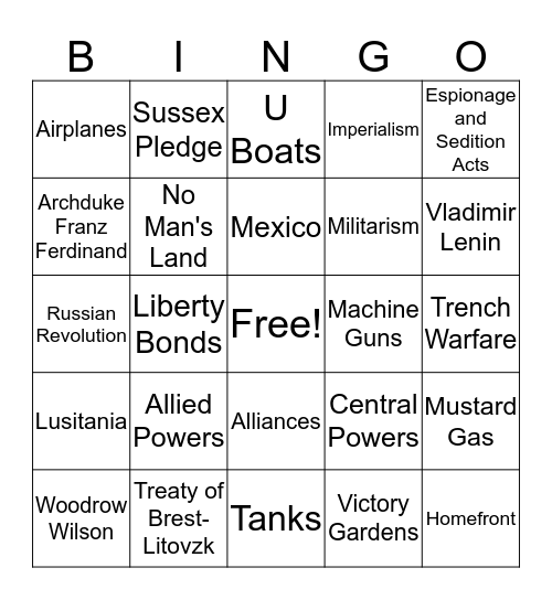 WWI Bingo Card