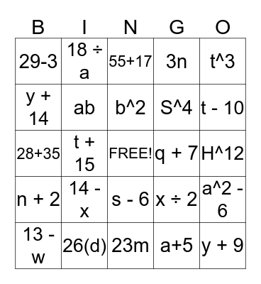 Algebra Bingo Card