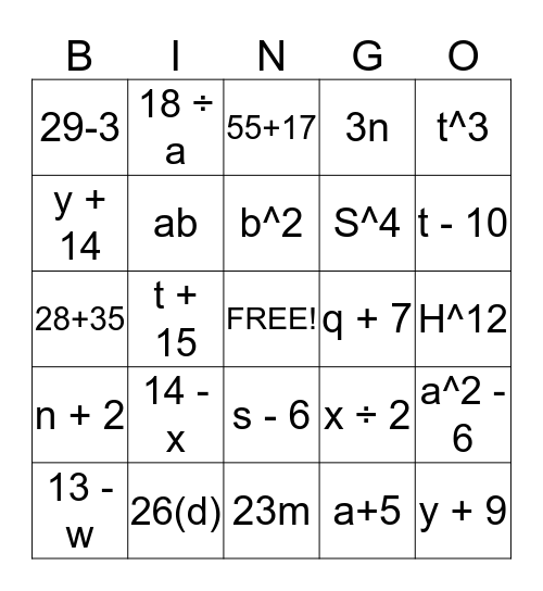 Algebra Bingo Card