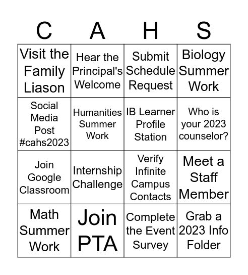 CAHS New Student Orientation Bingo Card