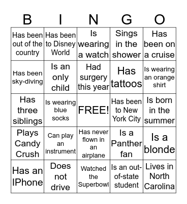 Getting To Know You Bingo Card