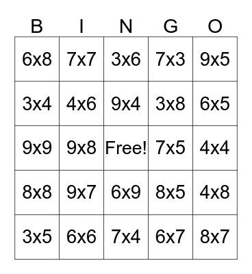 Multiplication Bingo Card