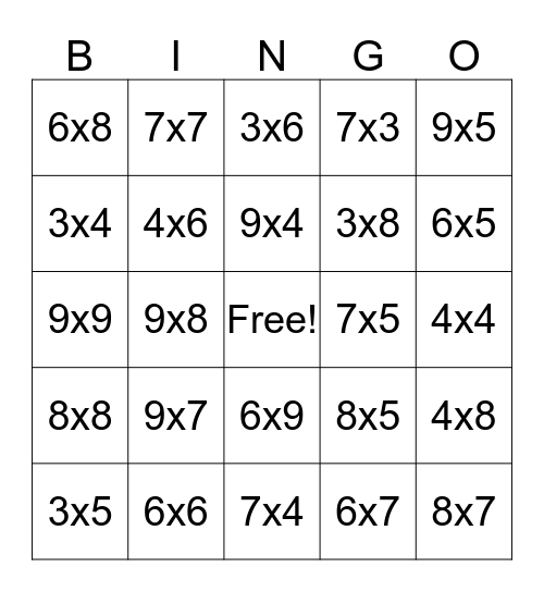 Multiplication Bingo Card
