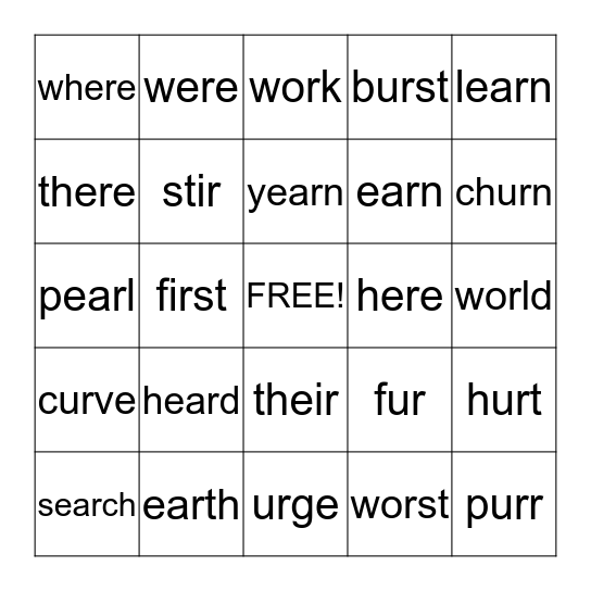 Words That Say UR  and Sight Words Bingo Card