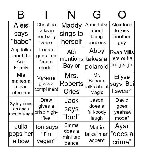 Senior Bingo Night!  Bingo Card