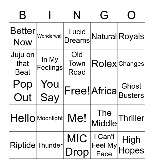 Pop Song Bingo Card