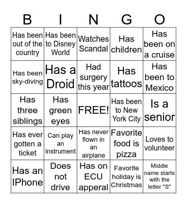 Getting To Know You Bingo Card