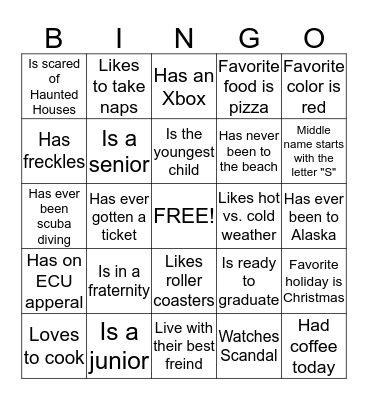 Getting To Know You Bingo Card