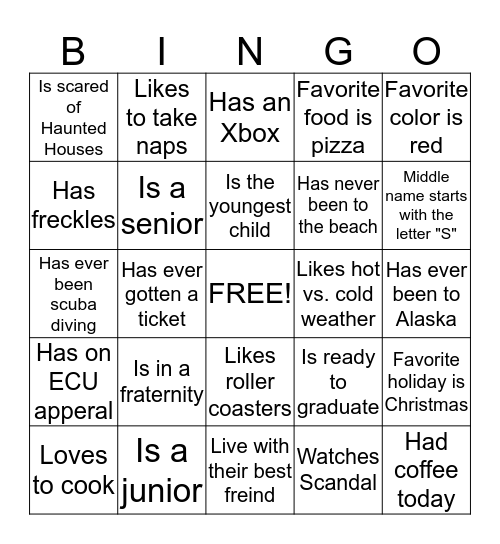 Getting To Know You Bingo Card