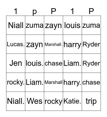Boyband. TV. pup  Bingo Card