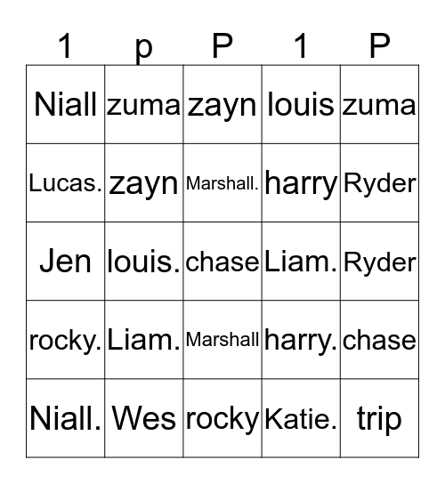 Boyband. TV. pup  Bingo Card