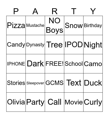 Olivia's Birthday Bingo Card