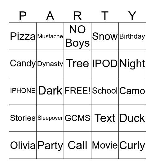 Olivia's Birthday Bingo Card