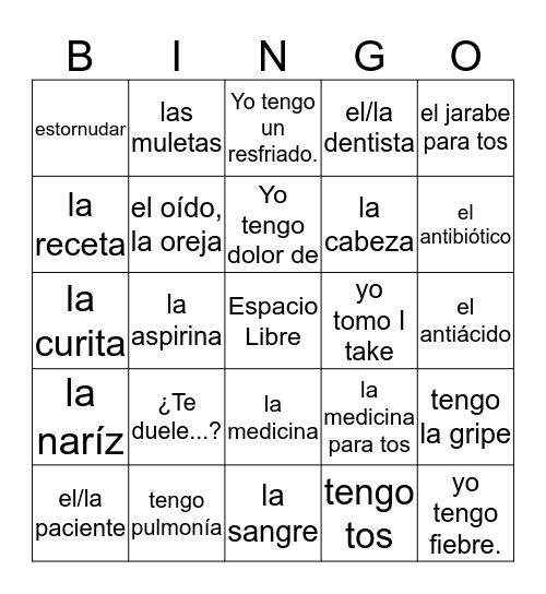 el cuerpo y la salud Bingo Card