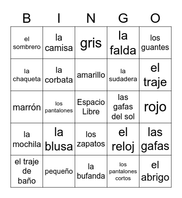 La Ropa Bingo Card