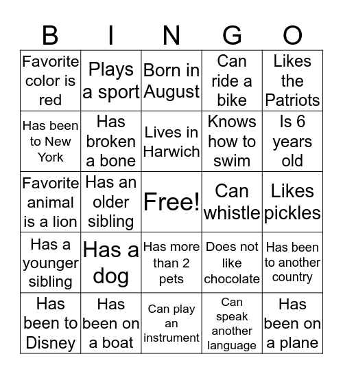 Get to Know K-1 Bingo Card