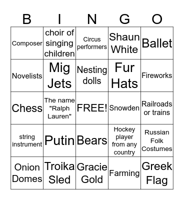 2014 opening ceremonies bingo Sochi Bingo Card