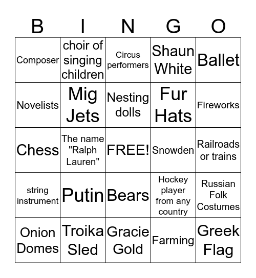 2014 opening ceremonies bingo Sochi Bingo Card