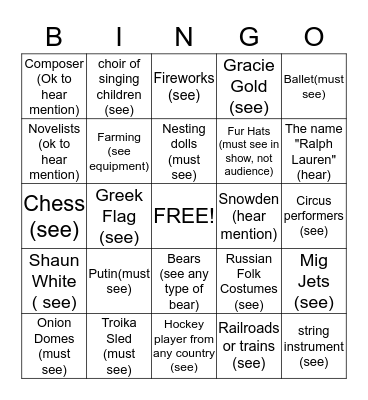 2014 opening ceremonies bingo Sochi Bingo Card