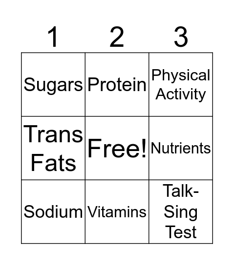 Nutrition Vocabulary Bingo Card