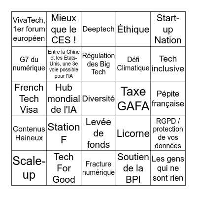 Tech Trash présente le "BULLSHIT-BINGO" officiel du discours d'ouverture de Manu Macron à VivaTech Bingo Card