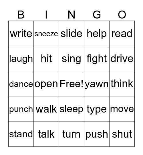 Action Verbs Bingo Card