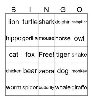 asl animal bingo Card