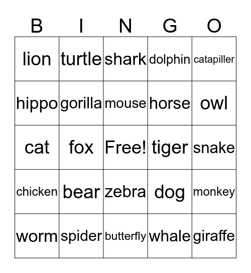 asl animal bingo Card