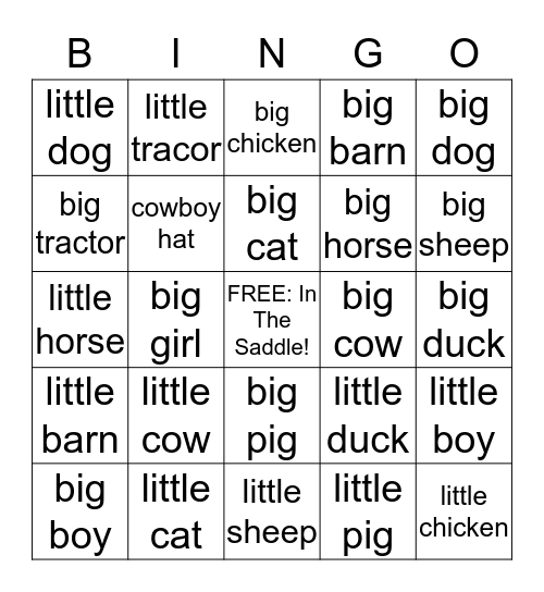 A Day on the Farm Bingo Card