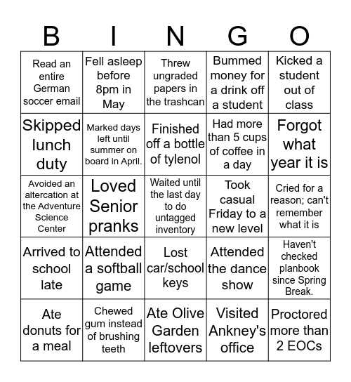 WC End of Year Bingo Card