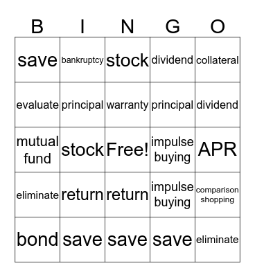 Personal Finance Card  Bingo Card