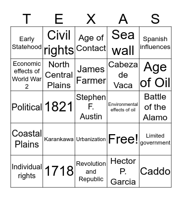 Texas History Bingo Card Bingo Card