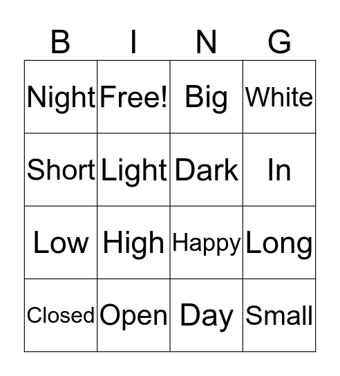 Opposite bingo  Bingo Card