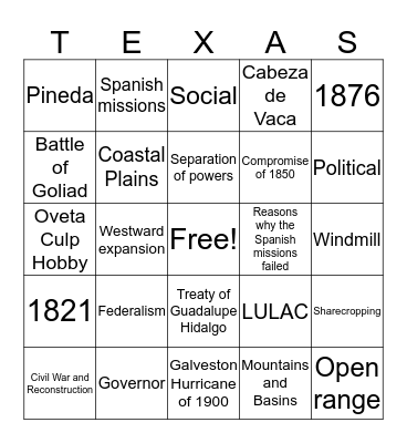 Texas History Bingo Card