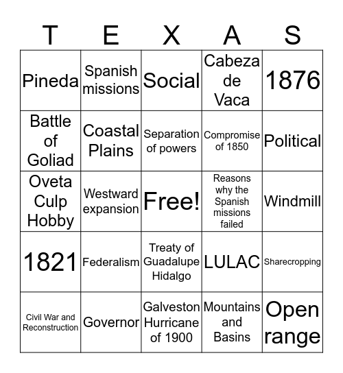 Texas History Bingo Card