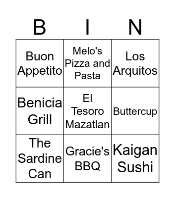 Eat Local Bingo Card