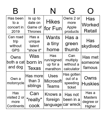 "Find Someone Who" Bingo Card