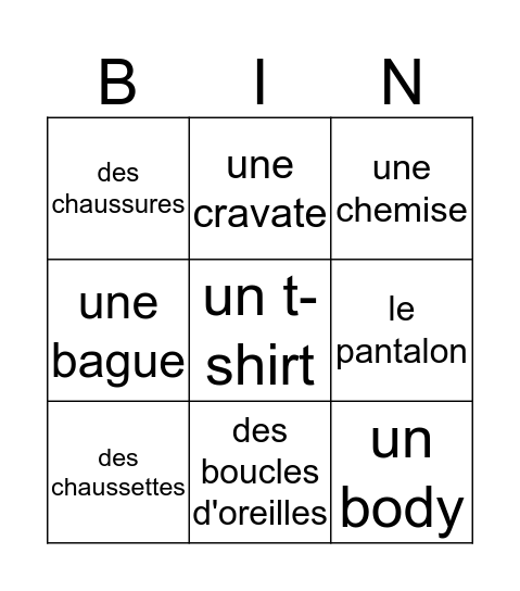 Les vêtements Bingo Card