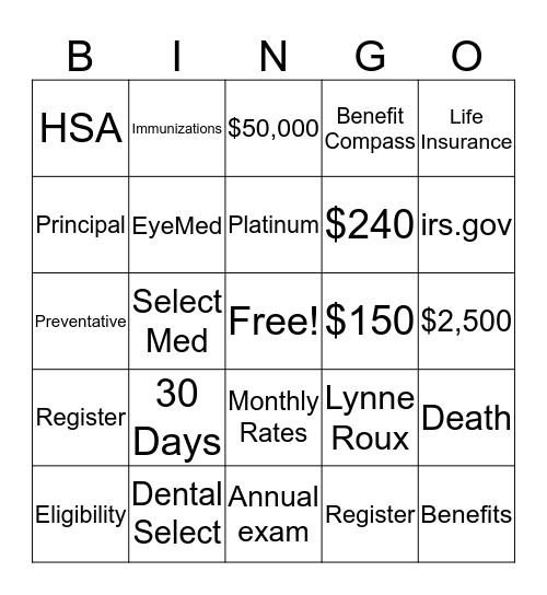 Benefits Bingo Card