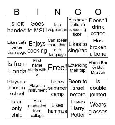 Birthright Bus 278 Bingo! Bingo Card