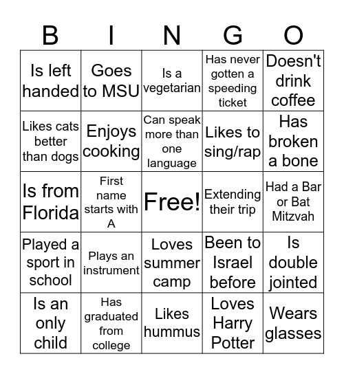 Birthright Bus 278 Bingo! Bingo Card