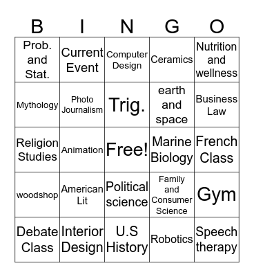 School Classes  Bingo Card