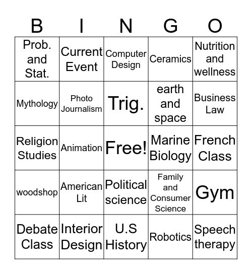 School Classes  Bingo Card