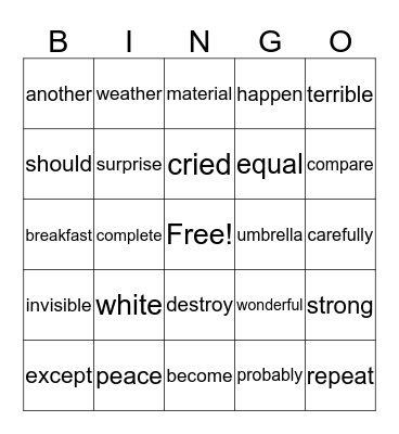 Sight Word Bingo Card