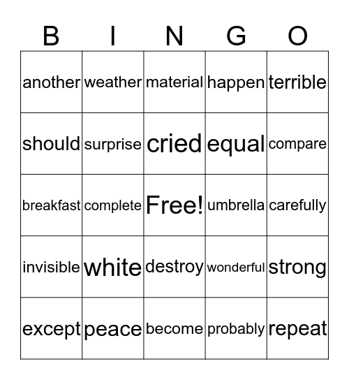 Sight Word Bingo Card