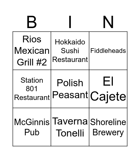 Eat Local  Bingo Card