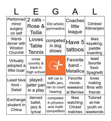 "Getting to know you" BINGO Card